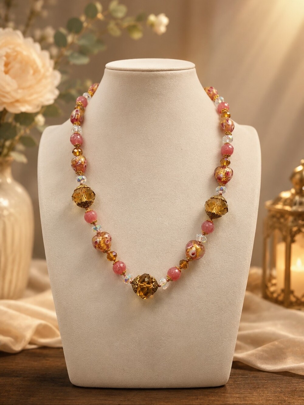Pink Venetian Glass & Crystal Hand Knotted Necklace 20 Inch Aprilsplace